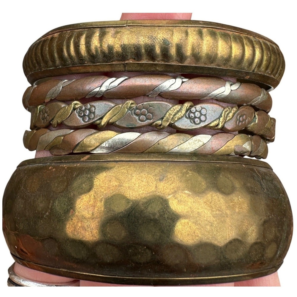 Vintage Mixed Metal Bangle Bracelet Set Hammered Ribbed Twisted Brass Copper 5pc